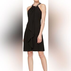 New White House Black Market Beaded Halter Black Chiffon Cocktail Dress size 4